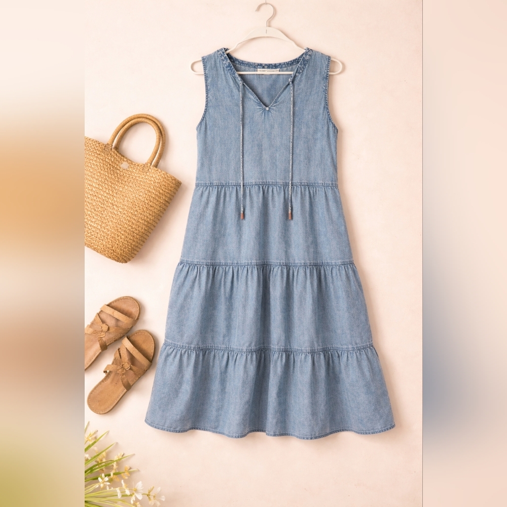Chambray Tiered Midi Dress Boho Prairie Loose Fit Pockets Blue Size M